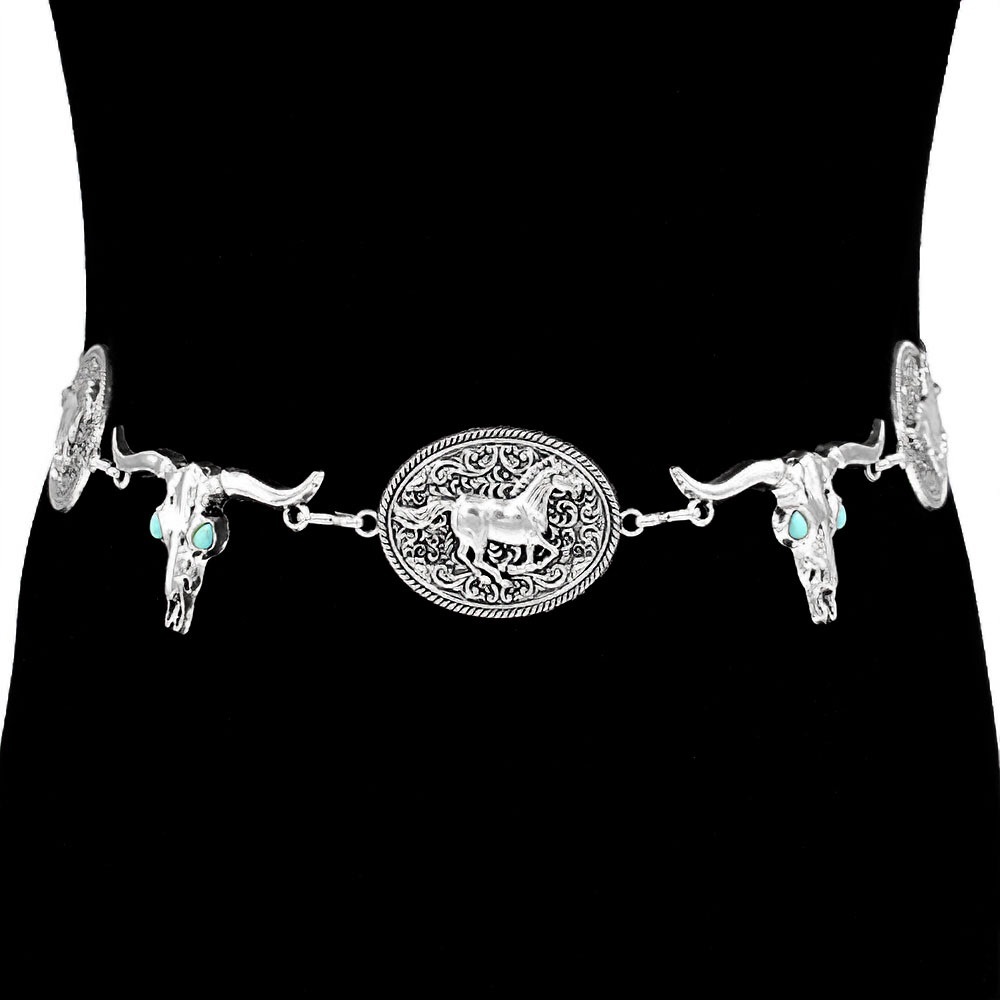 Silver Antique Metal Western Horse Animal Print Embossed Conch Statement Belt